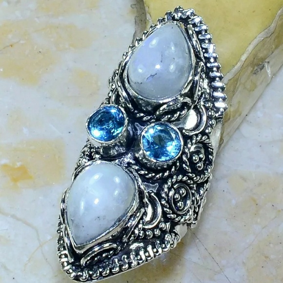 New Rainbow Moonstone & Blue Topaz 925 Silver Statement Ring. - Picture 3 of 8